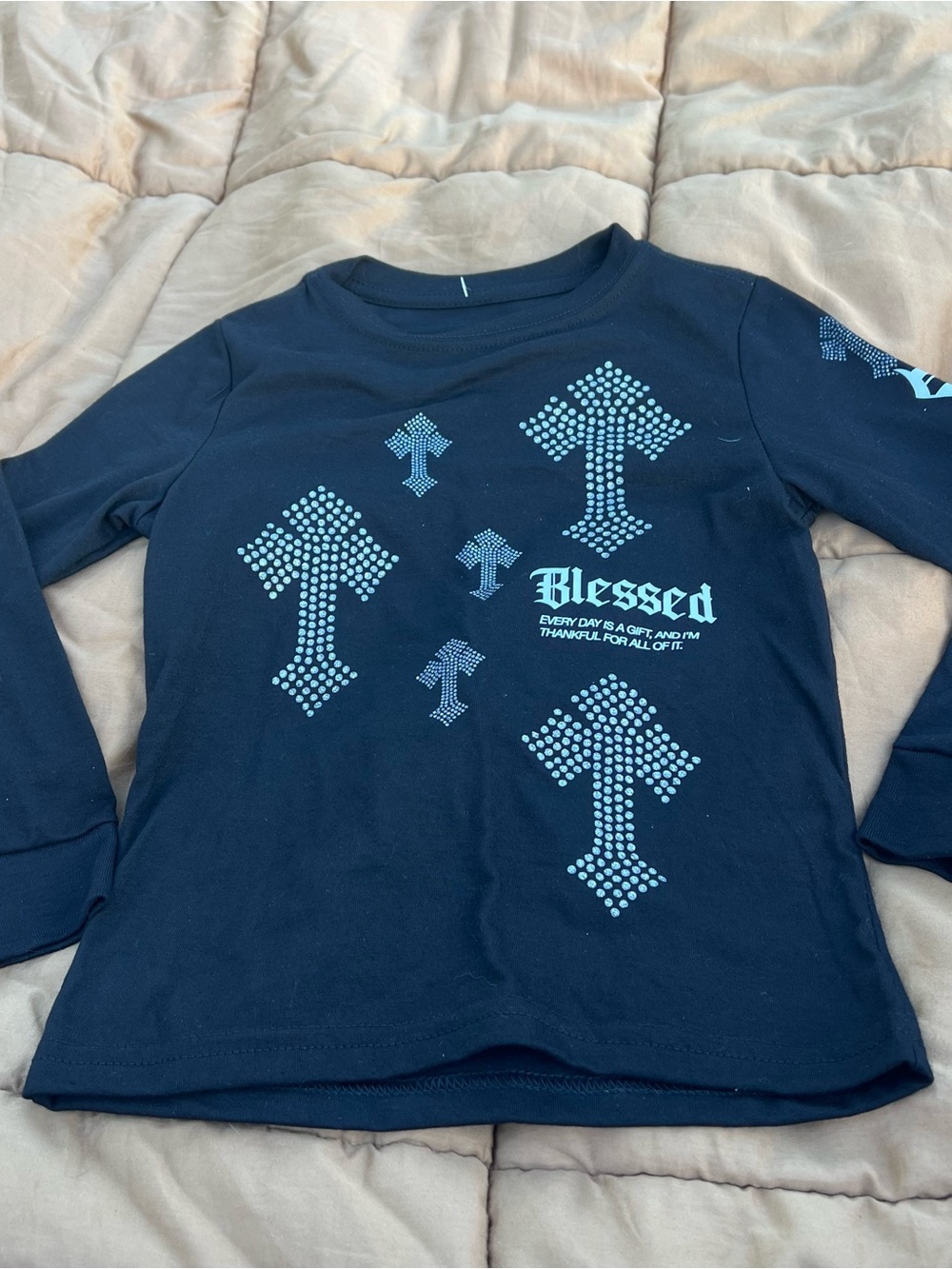 NWOT Kid’s Long Sleeve Black Blessed Tee w/Silver Glitter Embellishment Size 4